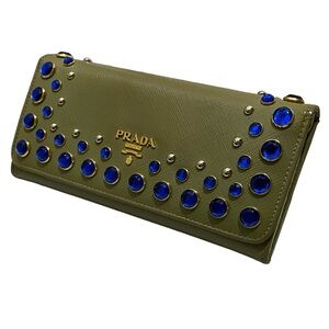 🌹 PRADA 🌹 Olive Green Leather & Blue Jewels Zipper Wallet